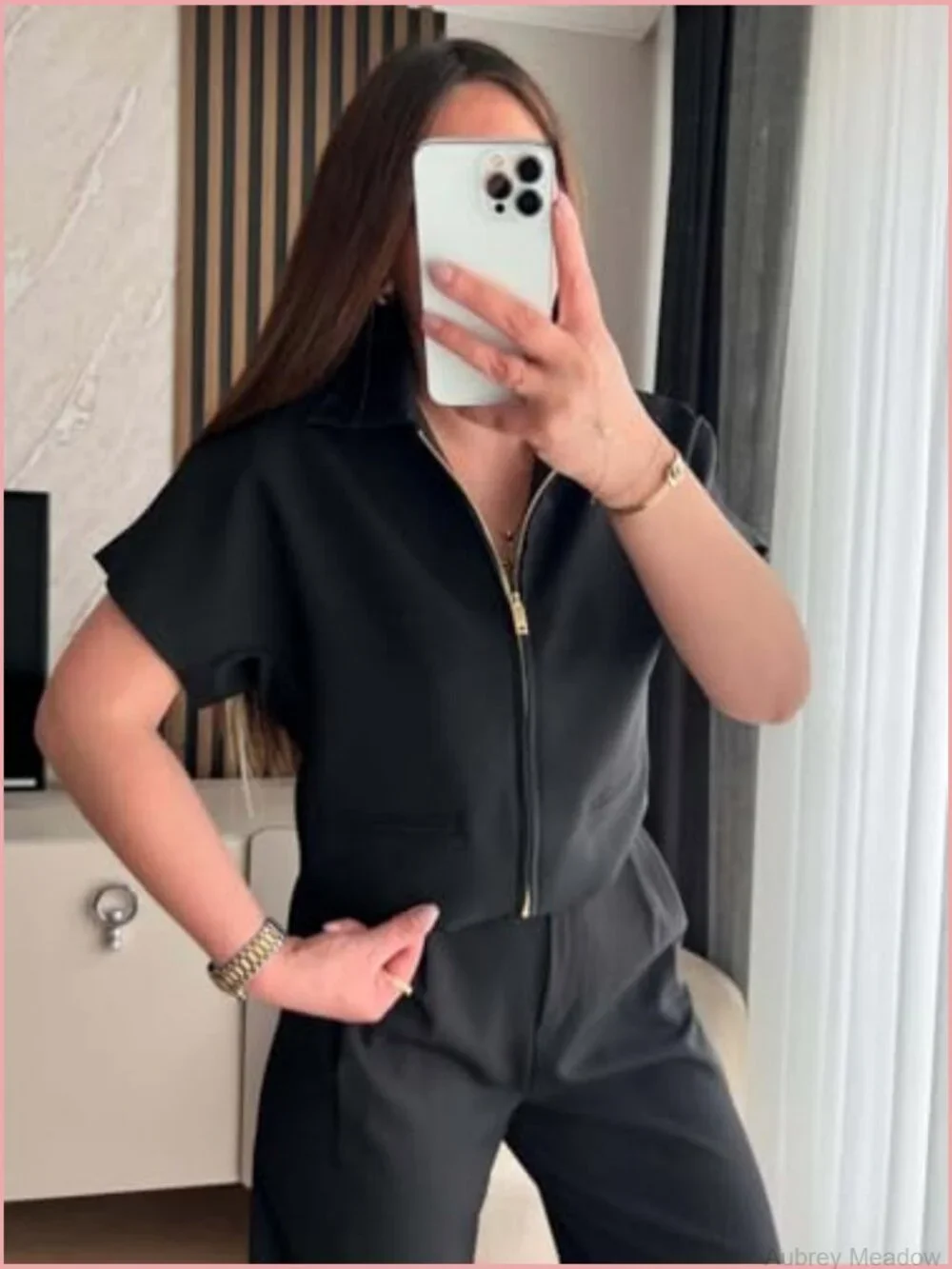 Cropped Short Sleeve Zip Up Blazer Jacket with Pockets